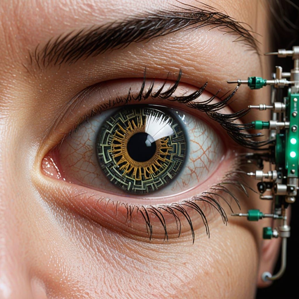 Matrix Cyborg Eye Levitating in Digital Code