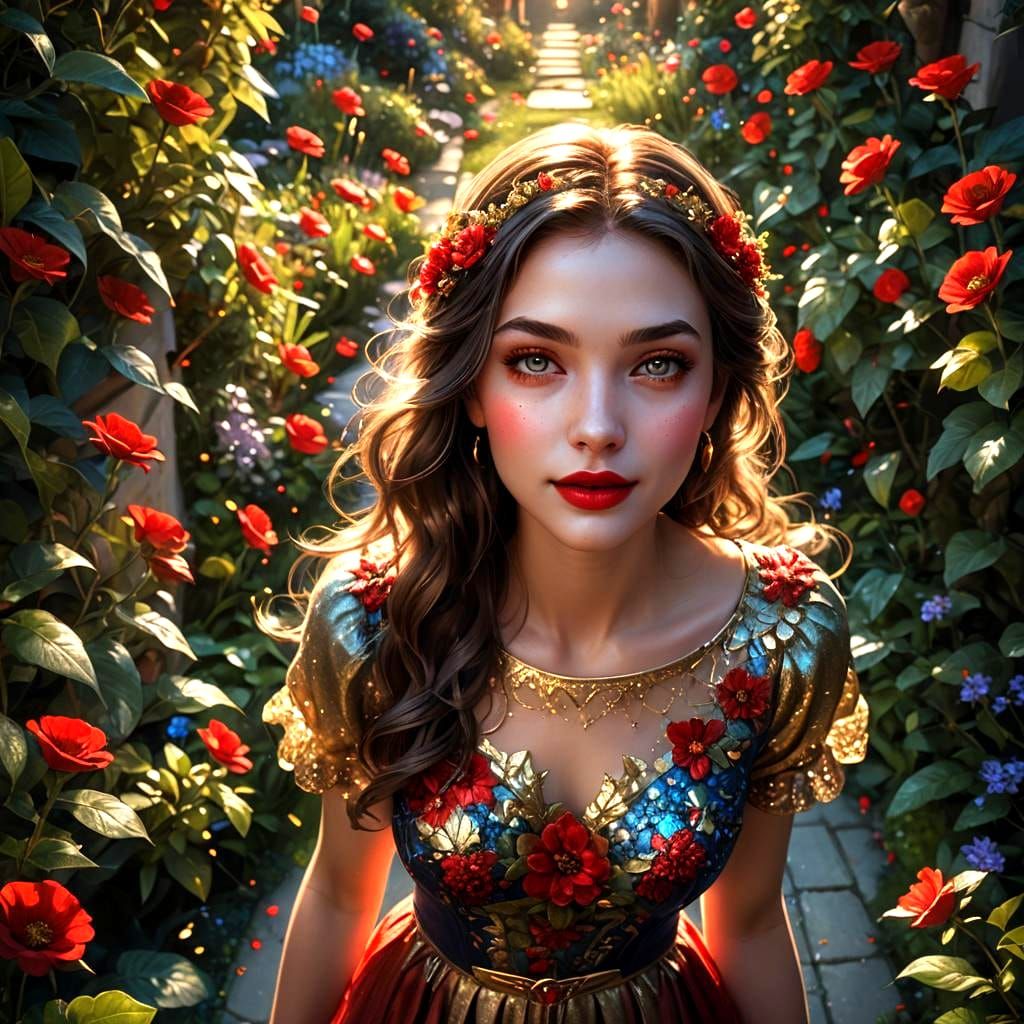 Smiling Girl in Garden with Flowers, Fantasy Art