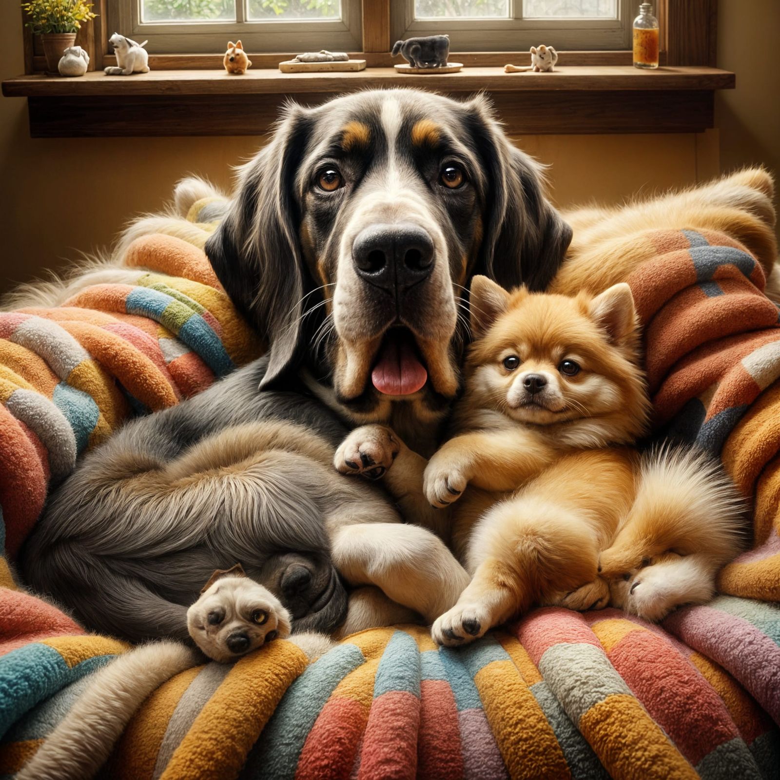 Surreal Oil Painting of Two Happy Puppies in a Colorful Bed