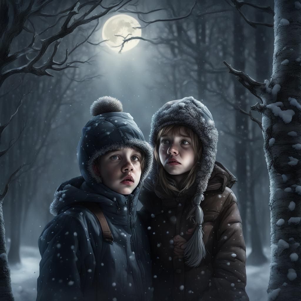 Children Huddle in Blizzard Under Moonlight: Dark Fantasy Ar...