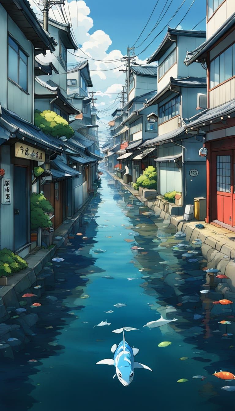 Surreal Anime Cityscape by the Sea