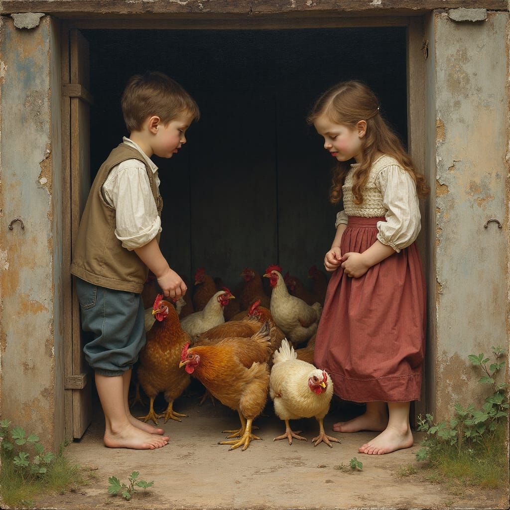 Young Peasants Feeding Chickens in a Dilapidated Coop