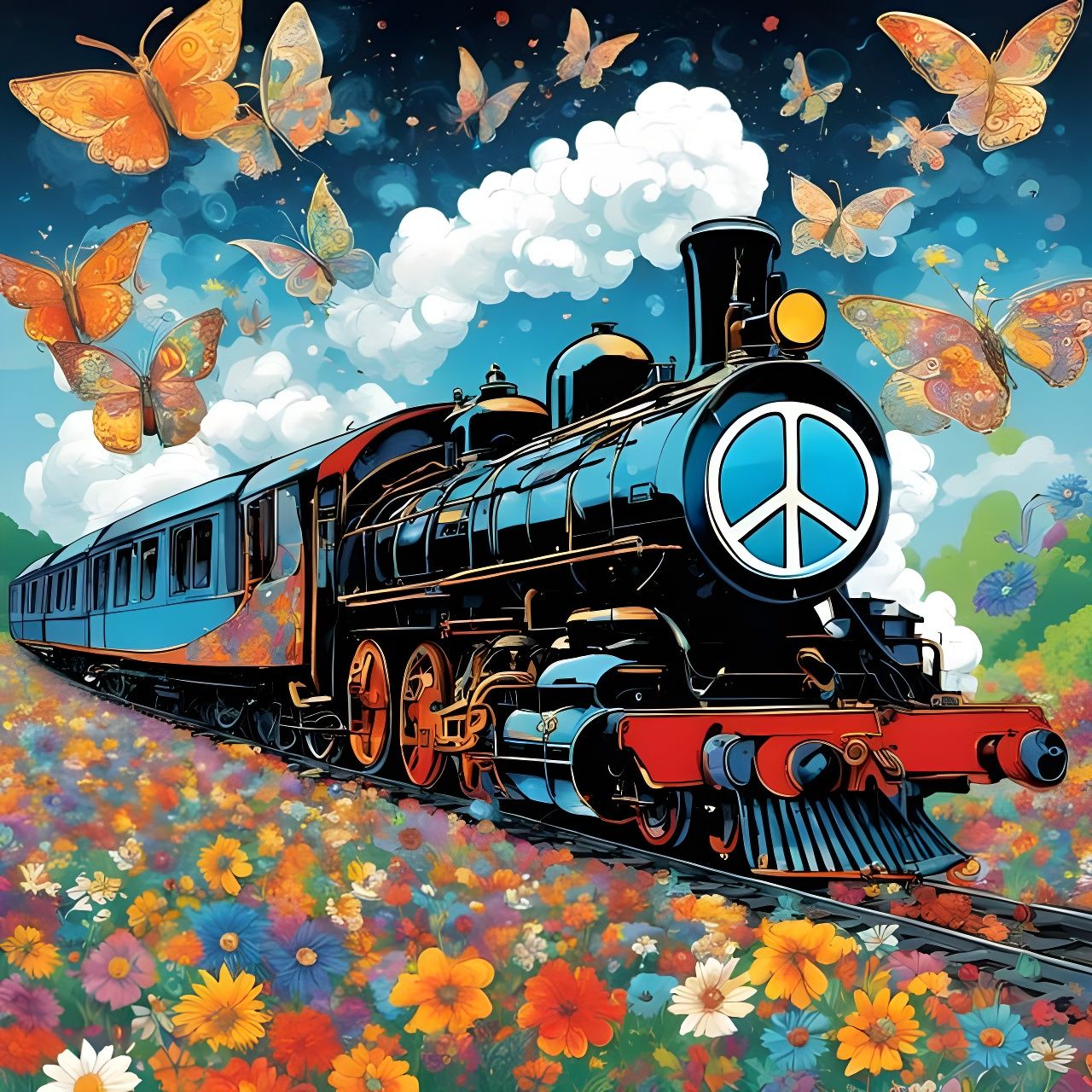 Hippie Peace Symbol on Blue Train Headlamp