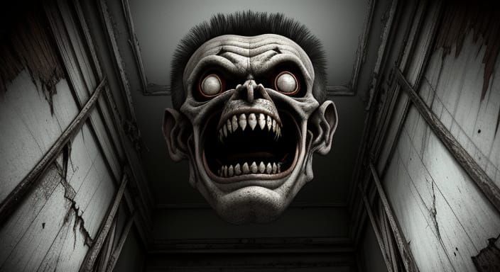 Grotesque Grinning Face in Derelict Hotel