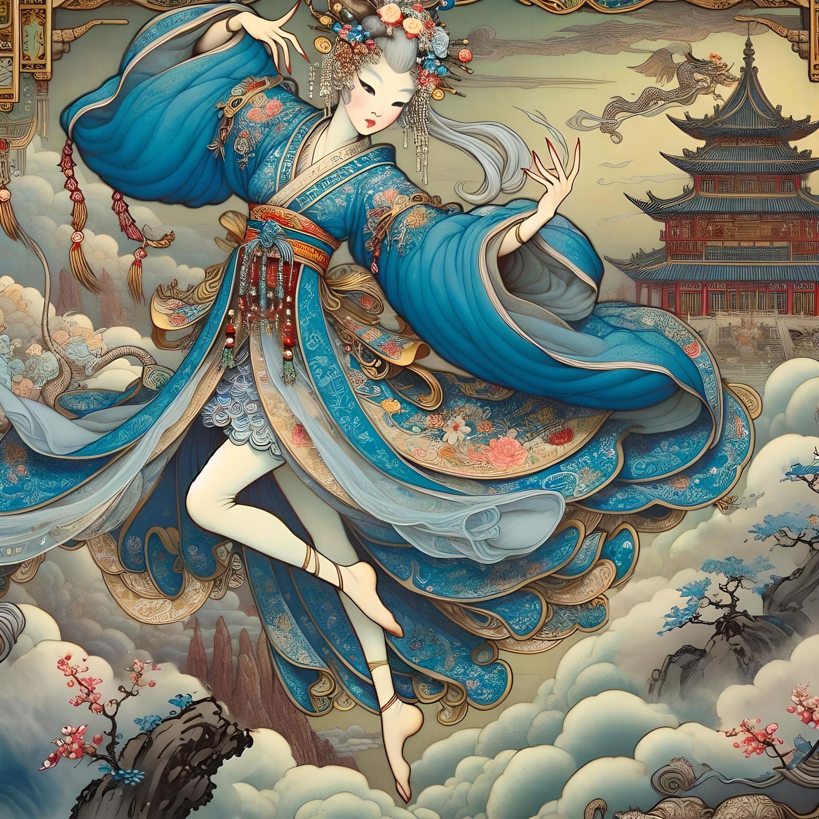 Dancing Princess in Asian Landscape Painting Style