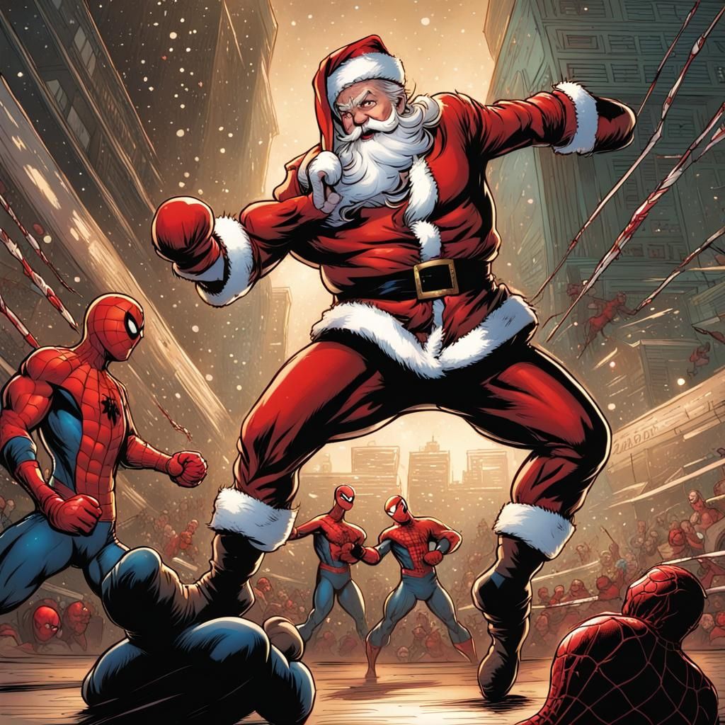 Santa Claus vs Spider-Man Boxing Match Comic Art