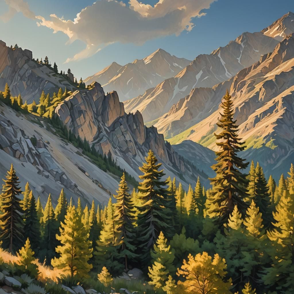 Vibrant Mountain Peaks in Impressionist Landscape