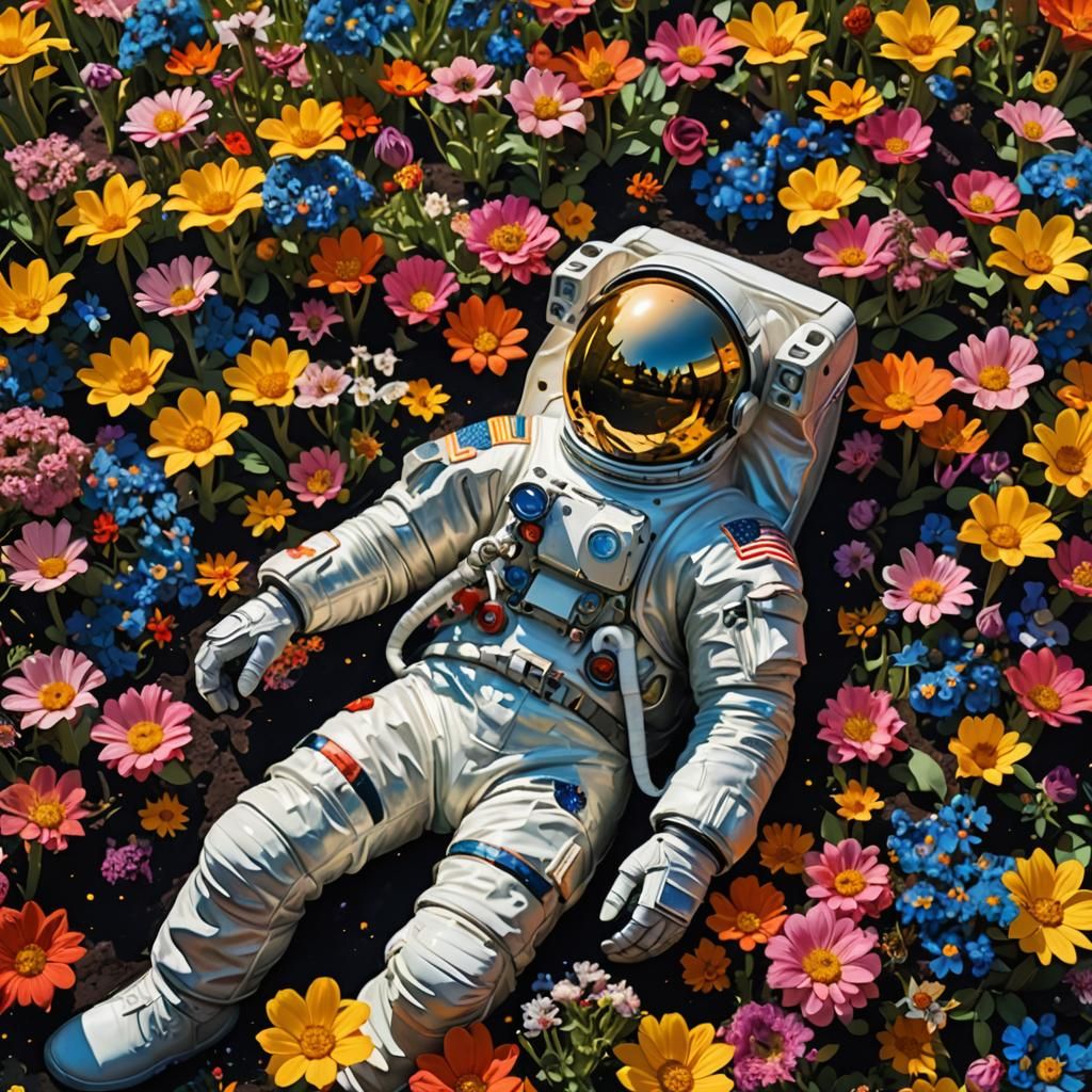 Astronaut in Floral Garden: A Surrealist Oil Painting
