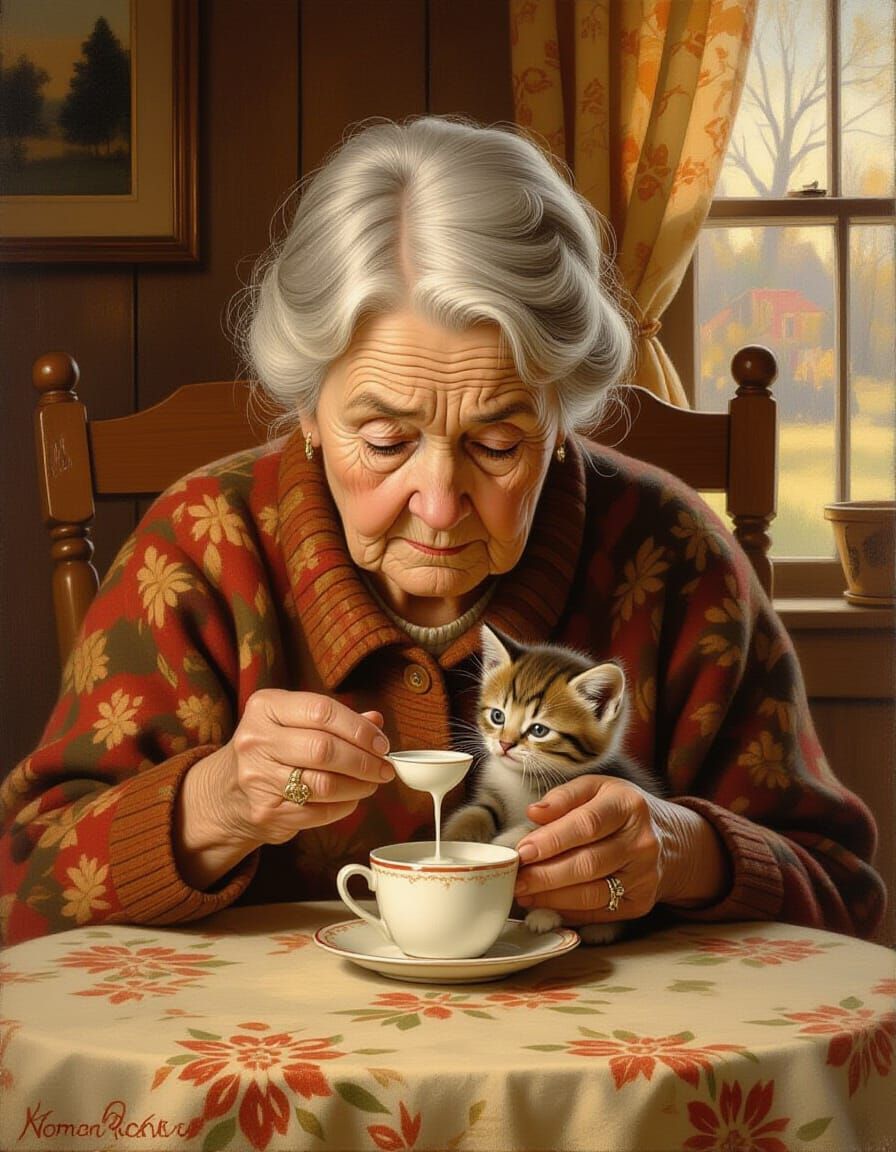 Gruff Old Woman Reveals Kindness to Kitten in Norman Rockwel...