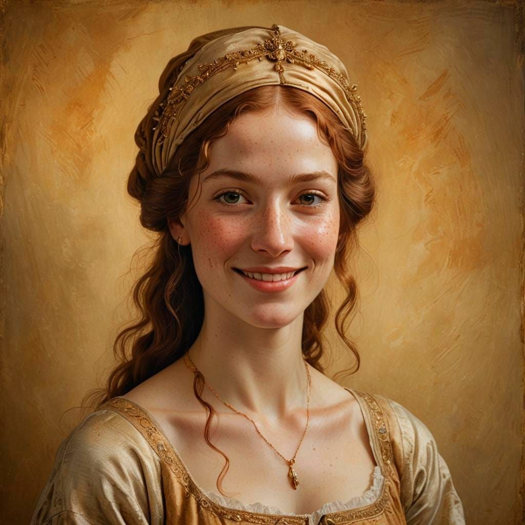 Renaissance-Inspired Portrait of a Joyful, Freckled Woman