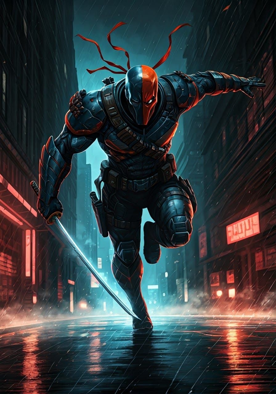 Deathstroke Leaping Through Misty Alley in Gritty Style