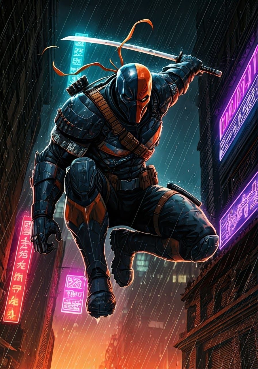 Deathstroke Leaps in Neon Alley, Comic Book Style
