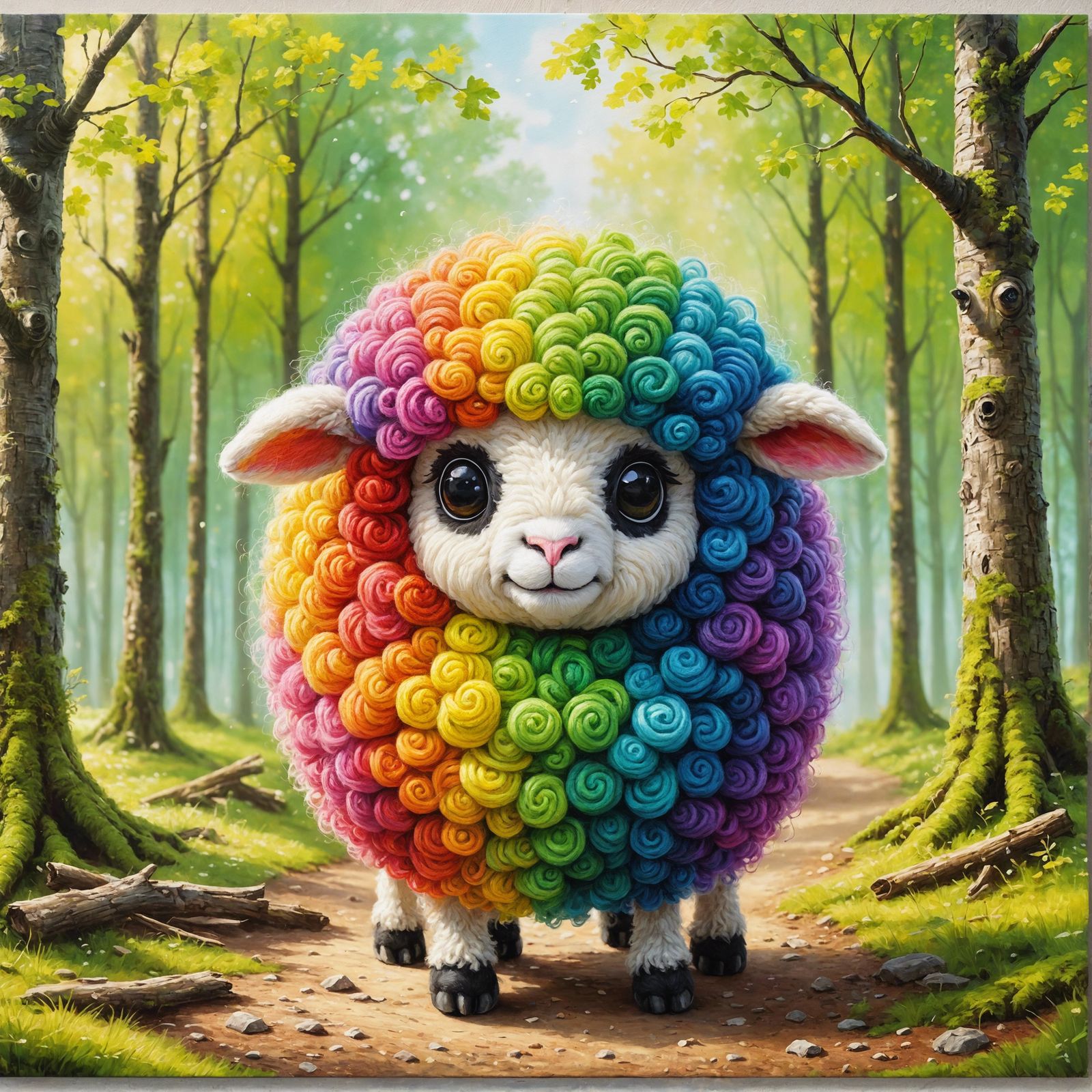 Rainbow Wool Sheep in Forest, Detailed Oil Painting