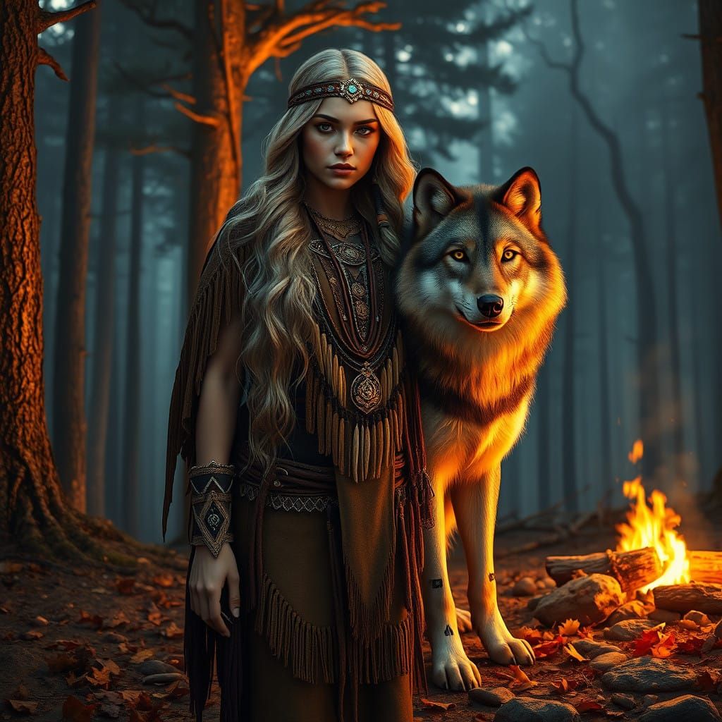 Native Woman and Regal Wolf in Mystical Twilight Forest