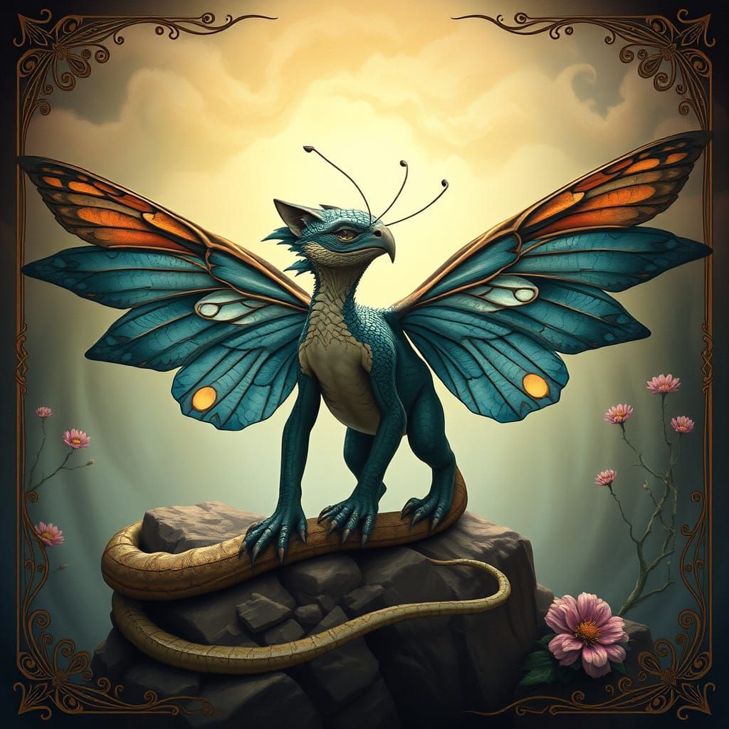 Mystical Feline Reptilian Avian Hybrid in Dreamlike Landscap...