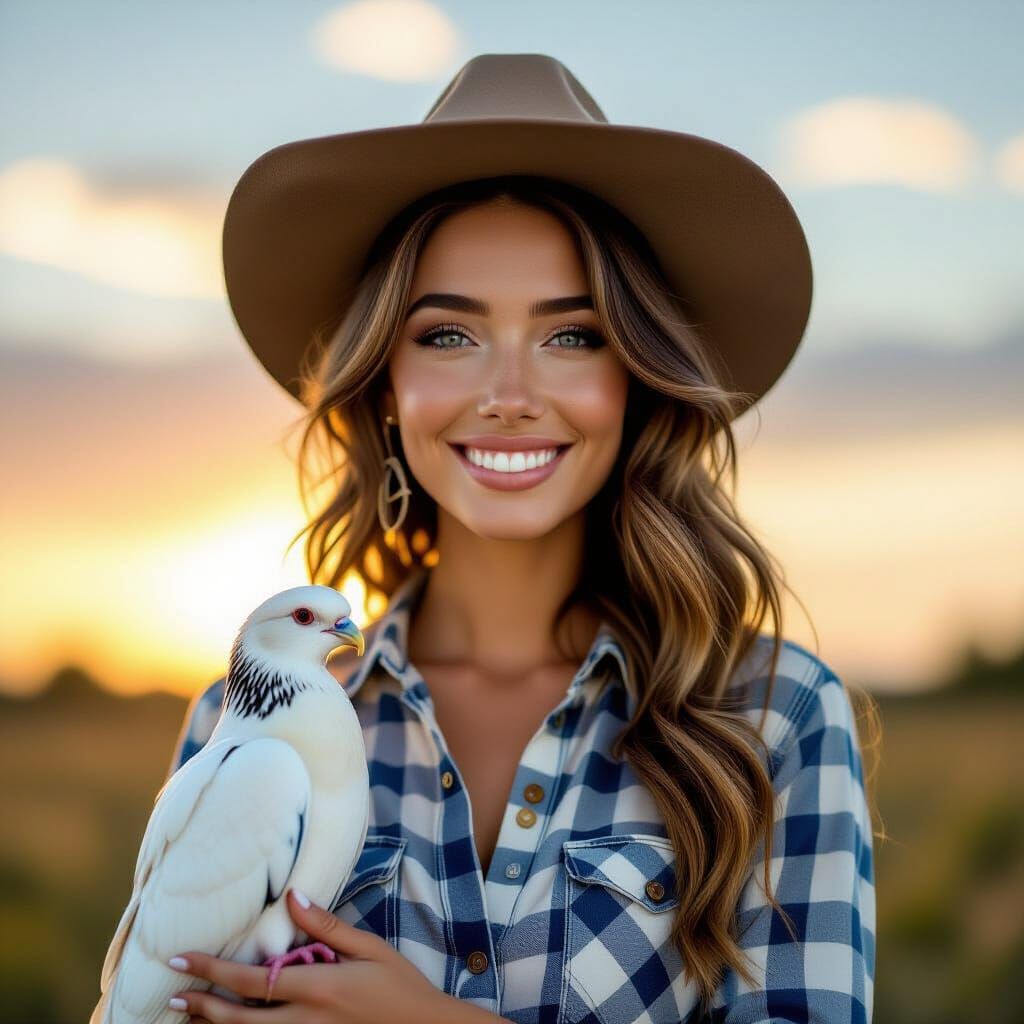 Young Woman Holding Dove at Sunset in Ultrarealistic Style