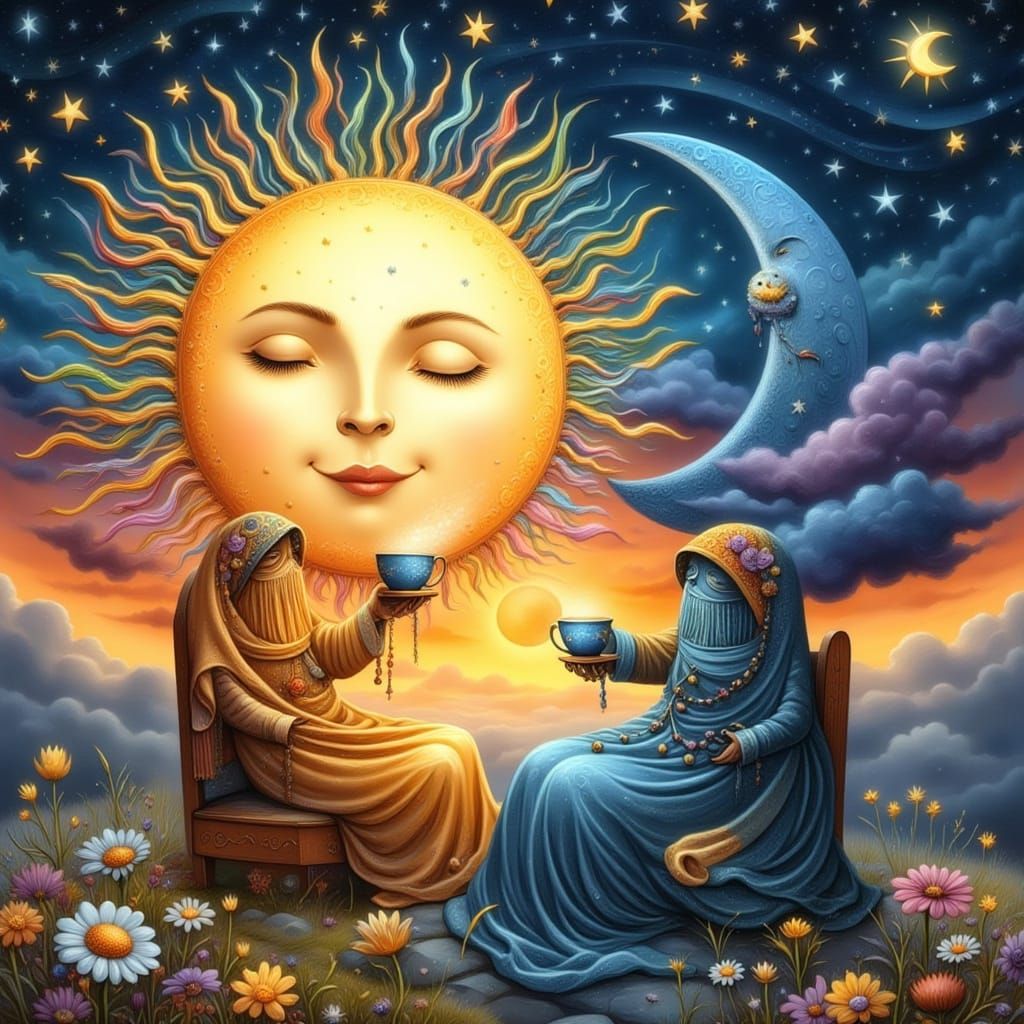 Sun and Moon Drink Tea Among Stars, Pixar Style