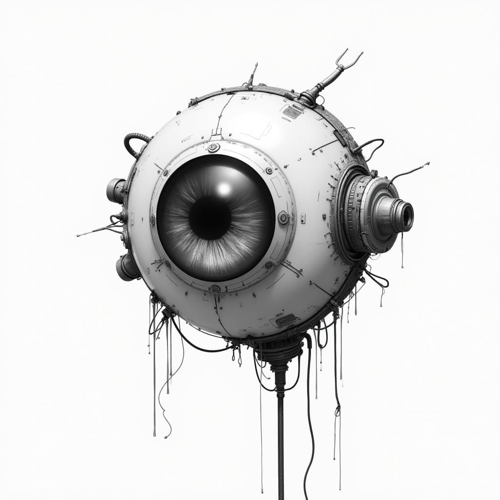 Cybernetic Eyeball Close-Up: Futuristic Monochrome Illustrat...