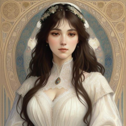 Ethereal Woman in Art Nouveau-Inspired Gown