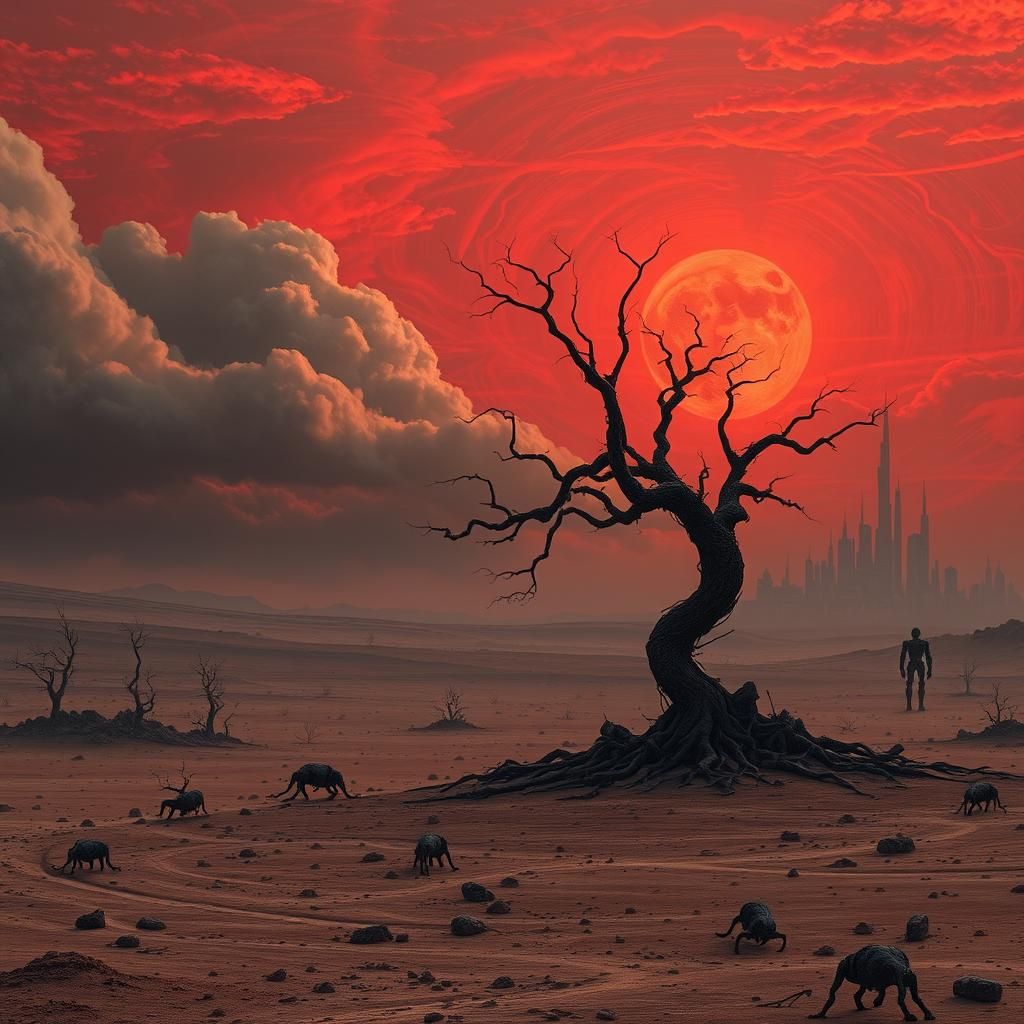 Barren Alien Landscape with Mechanical Tree in Dystopian Art