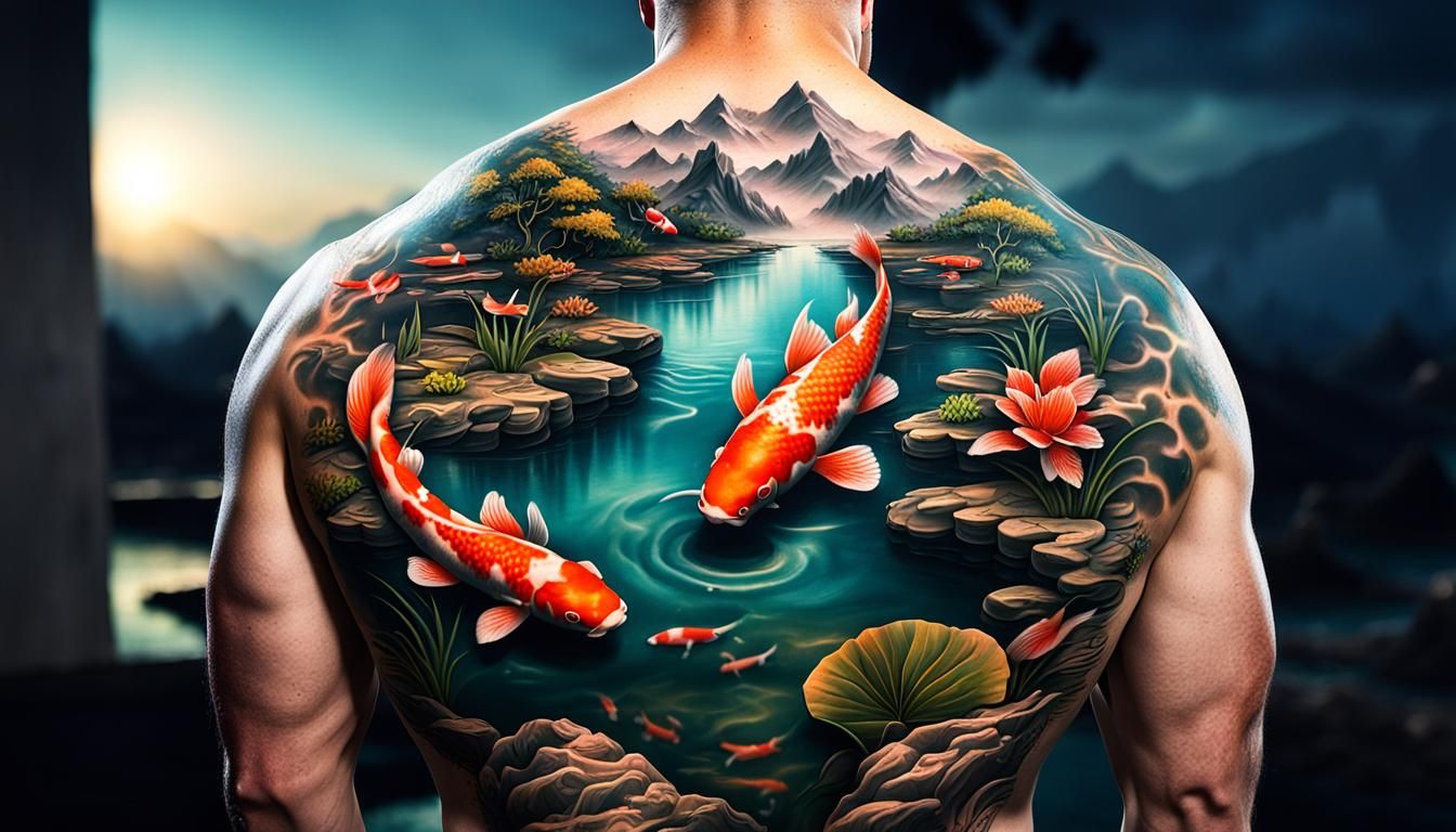 3D Koi Pond Landscape Tattoo: Digital Matte Painting