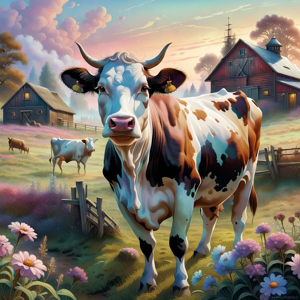 Cow in Ethereal Meadow, Fantasy Illustration