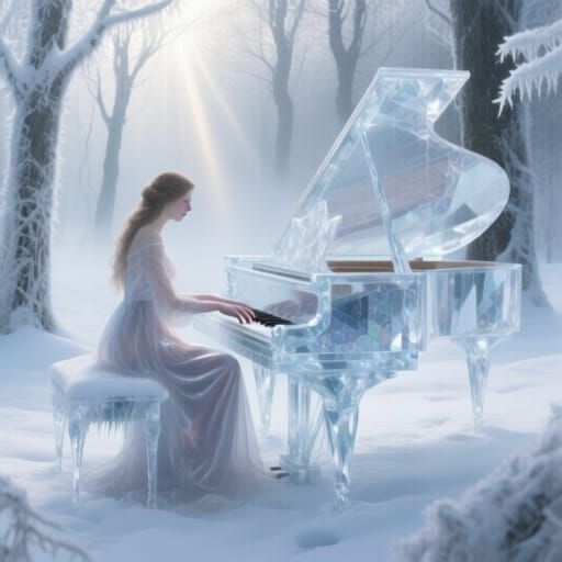 Mystical Woman at Crystal Piano in Snowy Forest