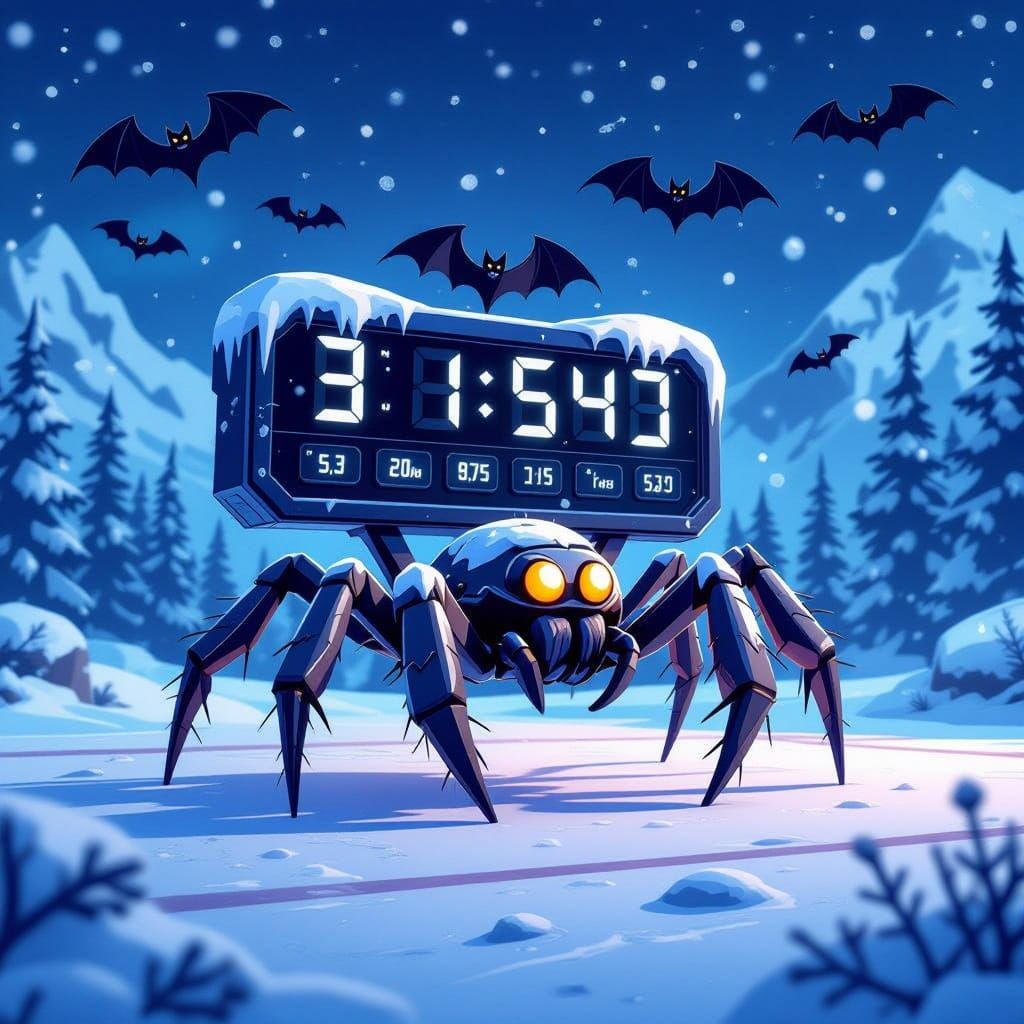 Cartoon Ice Hockey Spider Scoreboard with Bats in Snowy Land...