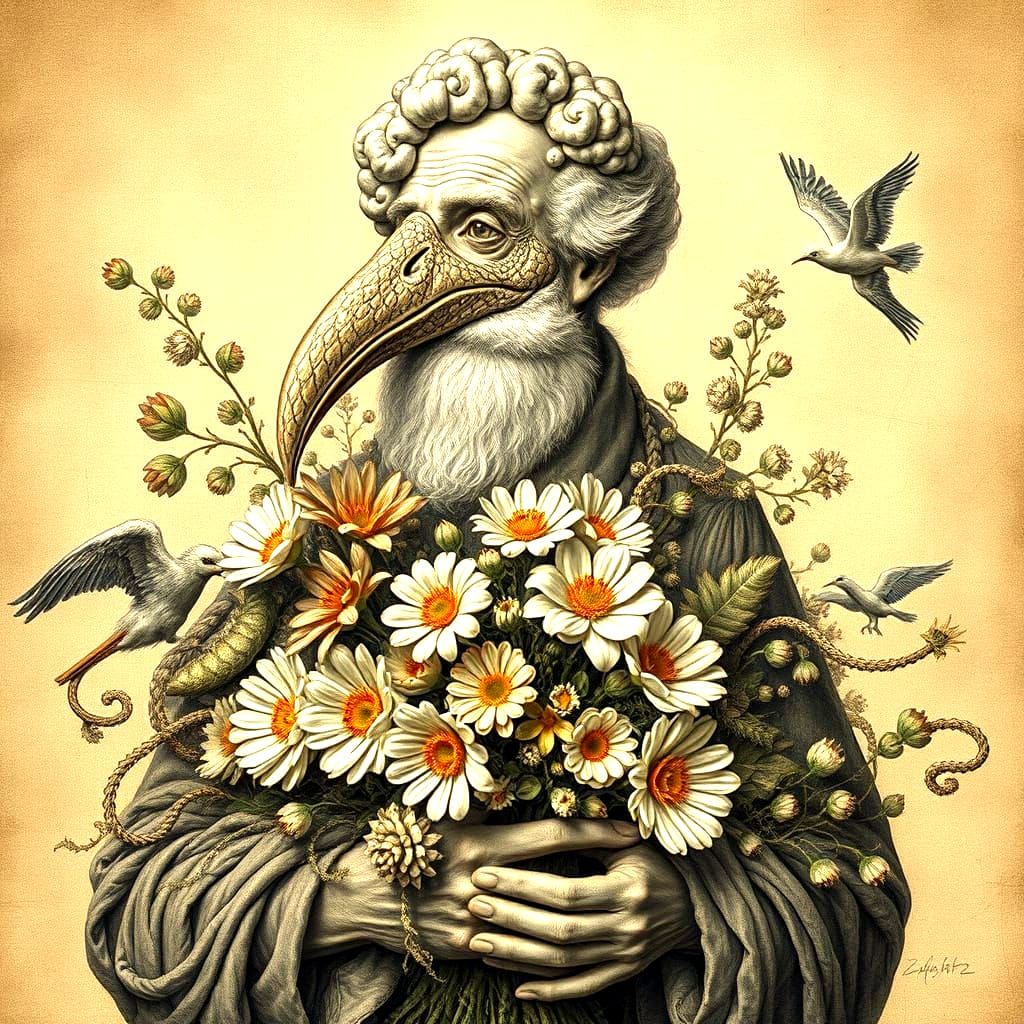 Sepia Etching: Grandfather with Fractal Beak