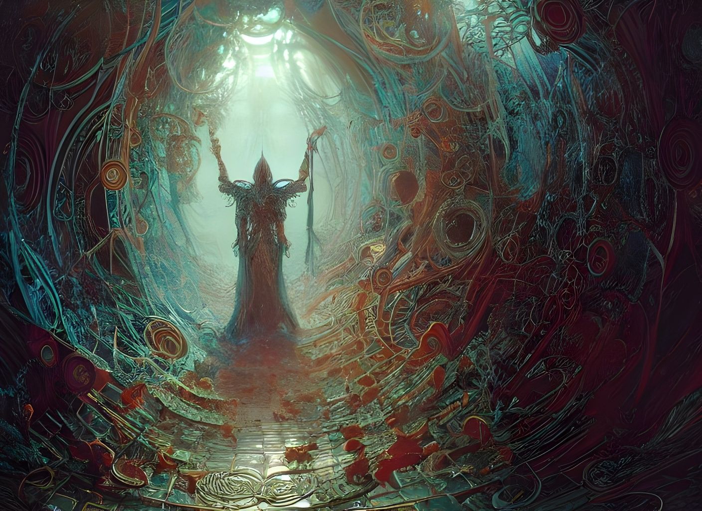 Geometric Filigree Invasion: A 3D Renaissance Painting