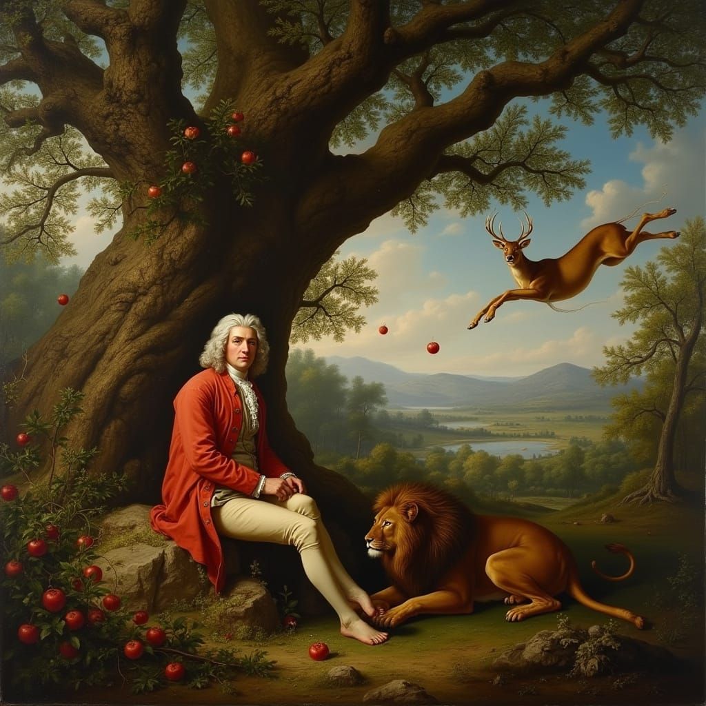 Newton and Lion Under Oak Tree, Baroque Style
