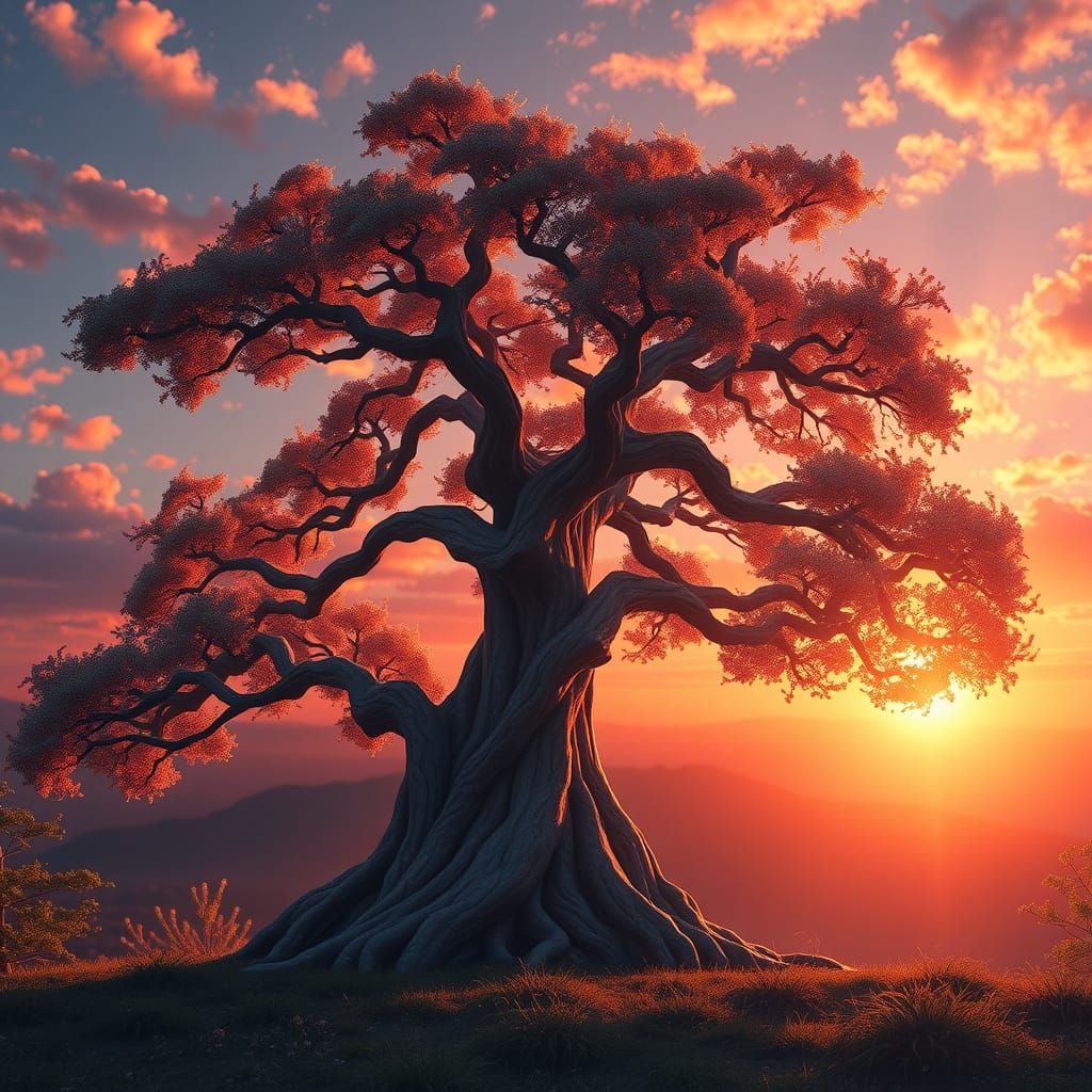 Sunrise Illuminates Lone Tree in 3D Anime Art