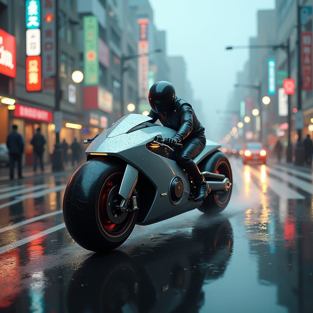 Futuristic Electric Motorbike in Rainy Tokyo Crossing