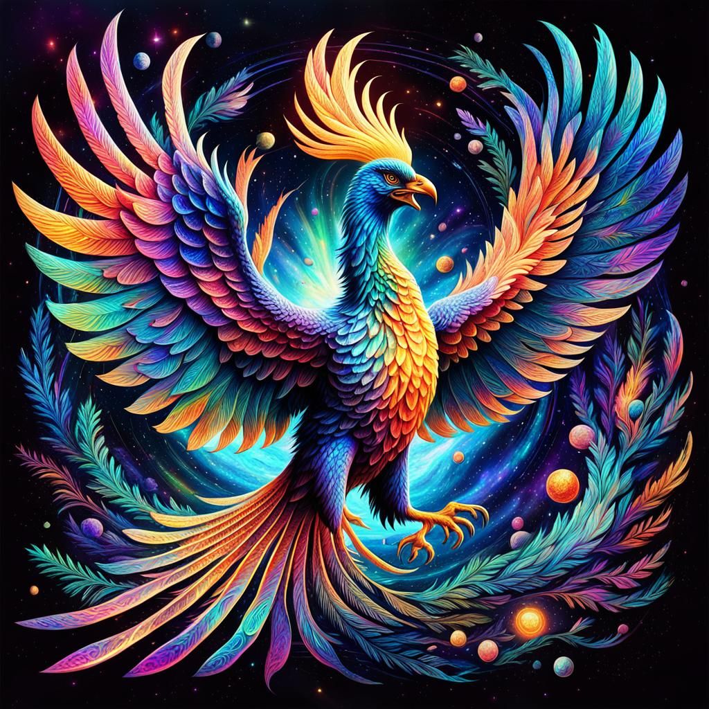 Cosmic Phoenix: Holographic Astral Illustration