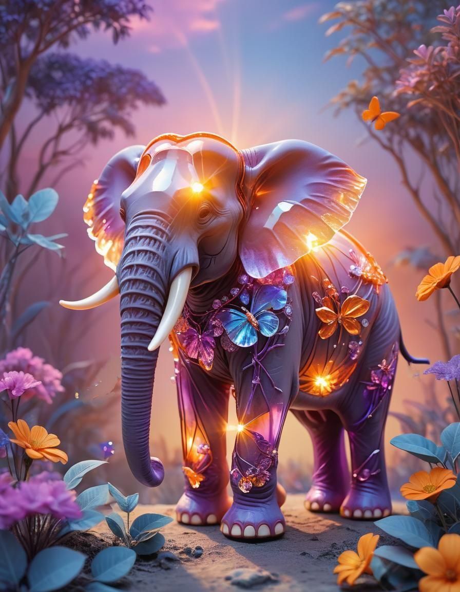 Glowing Purple Amethyst Elephant Decoration with Tusks