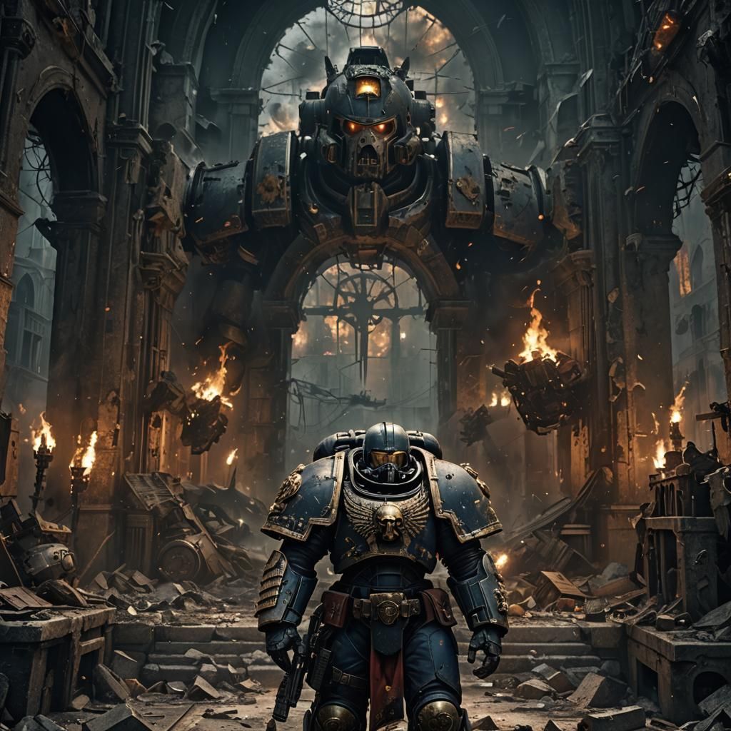 Dark Angel Space Marine in War-Torn Cityscape