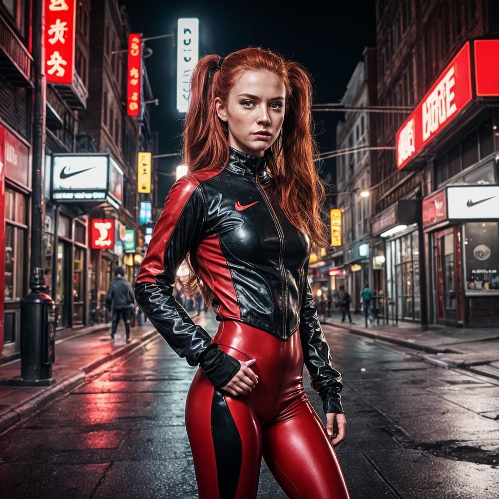 Redhead Heroine in Latex Outfit on City Street