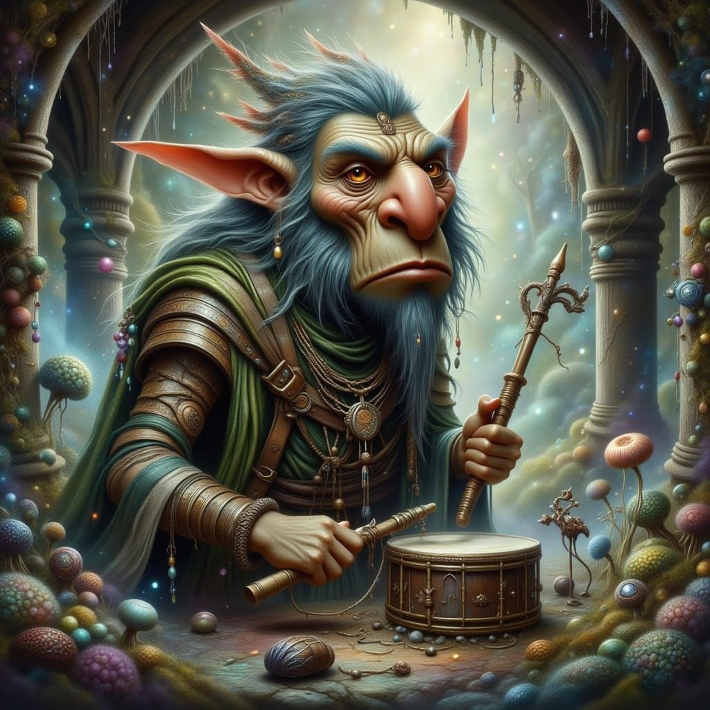 Whimsical Troll Drummer Under Mossy Bridge