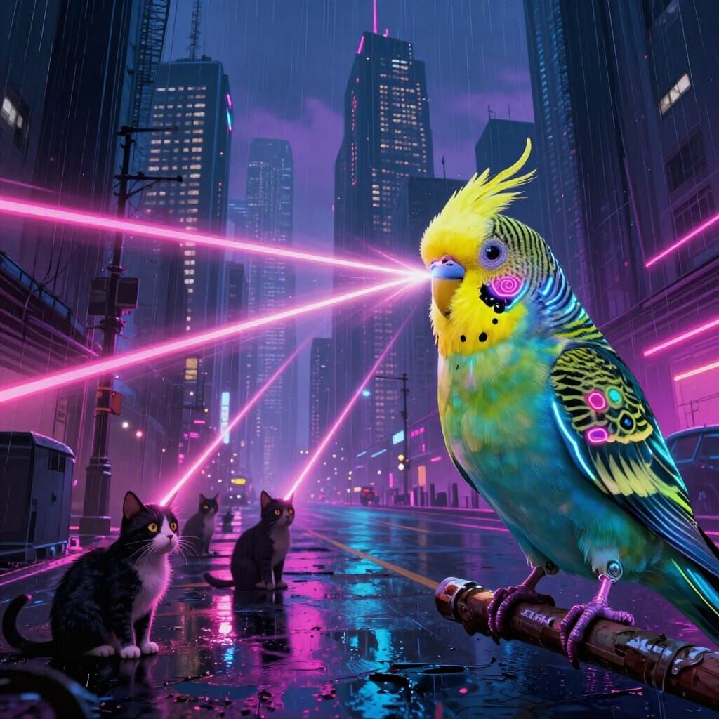 Cyberpunk Budgies Battle Cats in Neon City