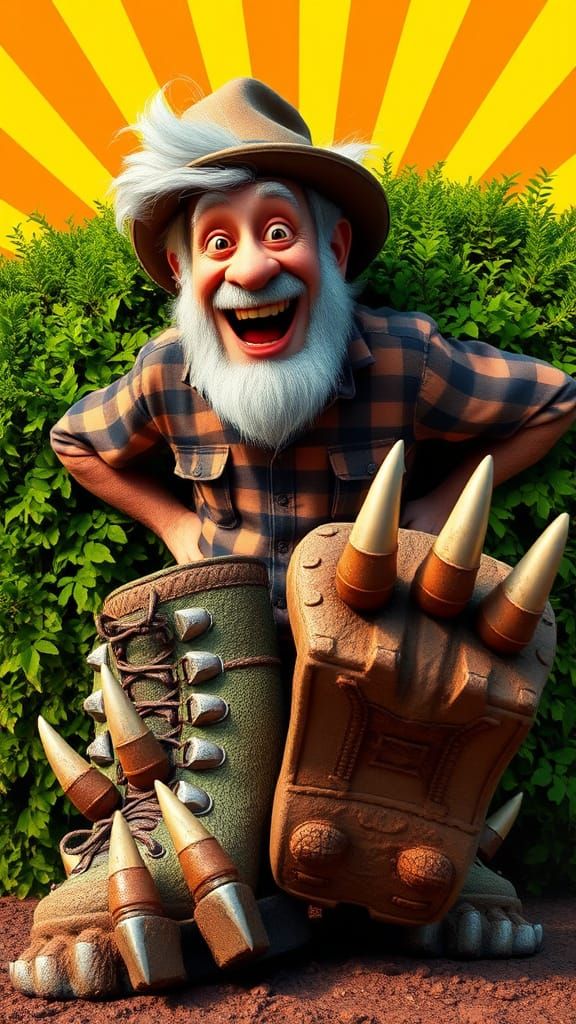 Whimsical Elder Man Leaps from Bush in Comically Mud-Caked B...