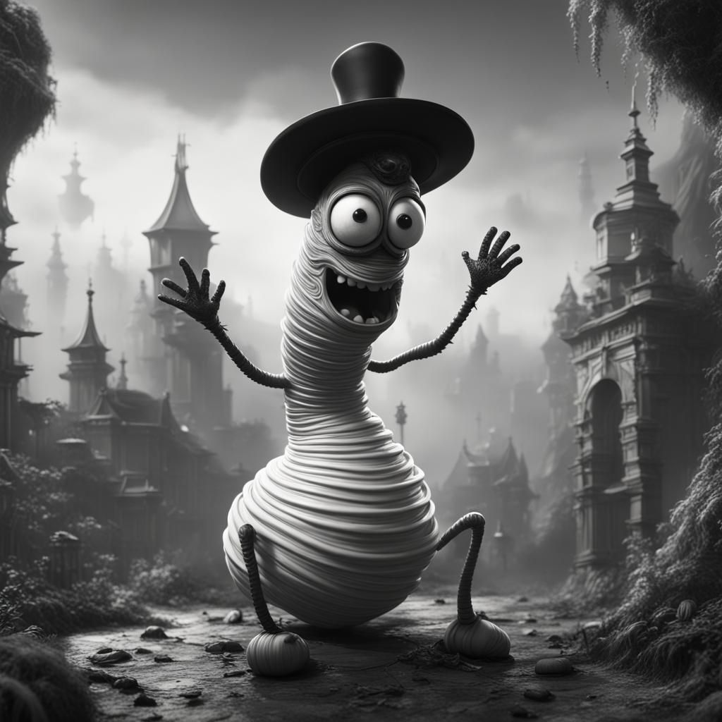 Charming Worm with Hat in Black and White