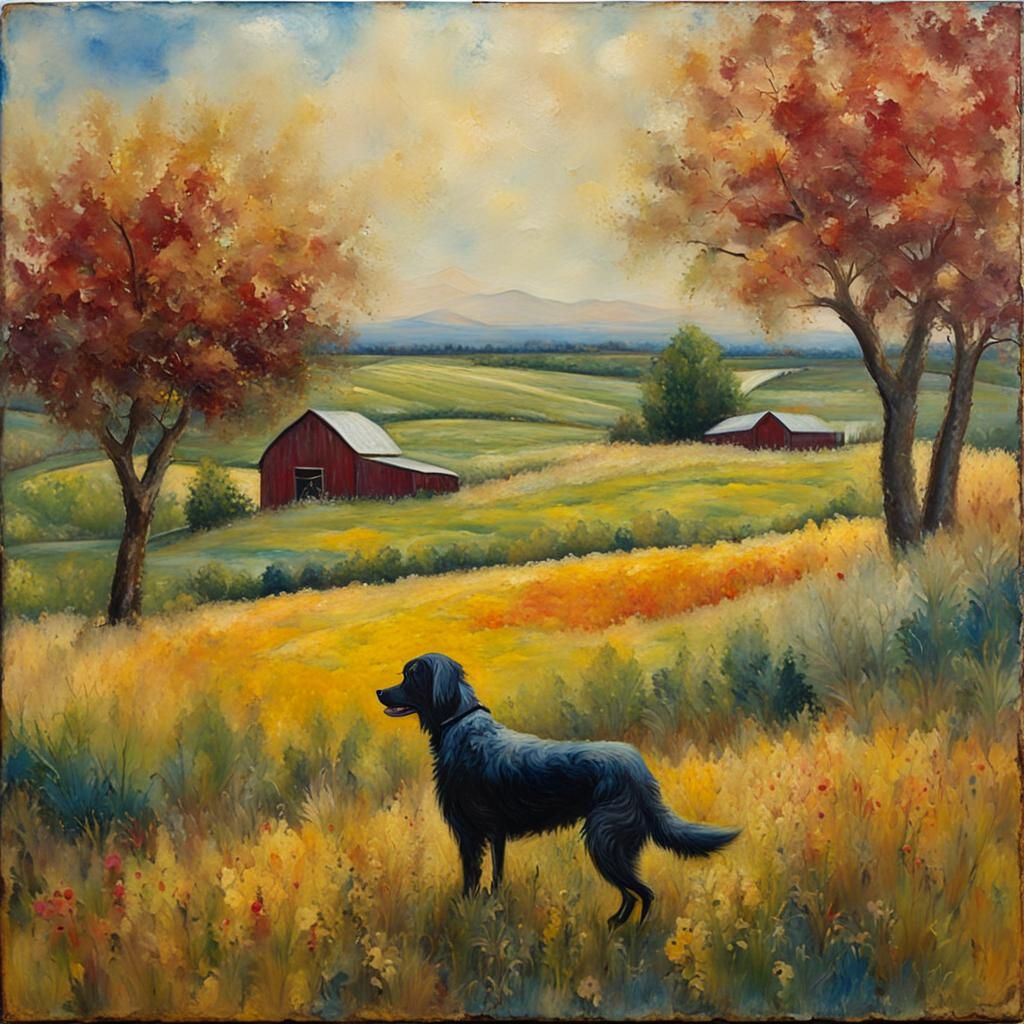 Encaustic Painting of Farm Dog in Pastoral Landscape