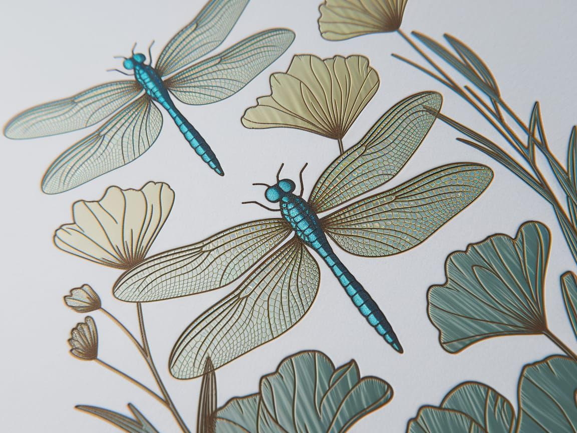 Elegant Embossed Illustration of Dragonflies and Flowers