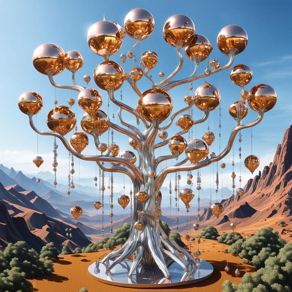 Golden Androids Grow on Silver Metal Tree