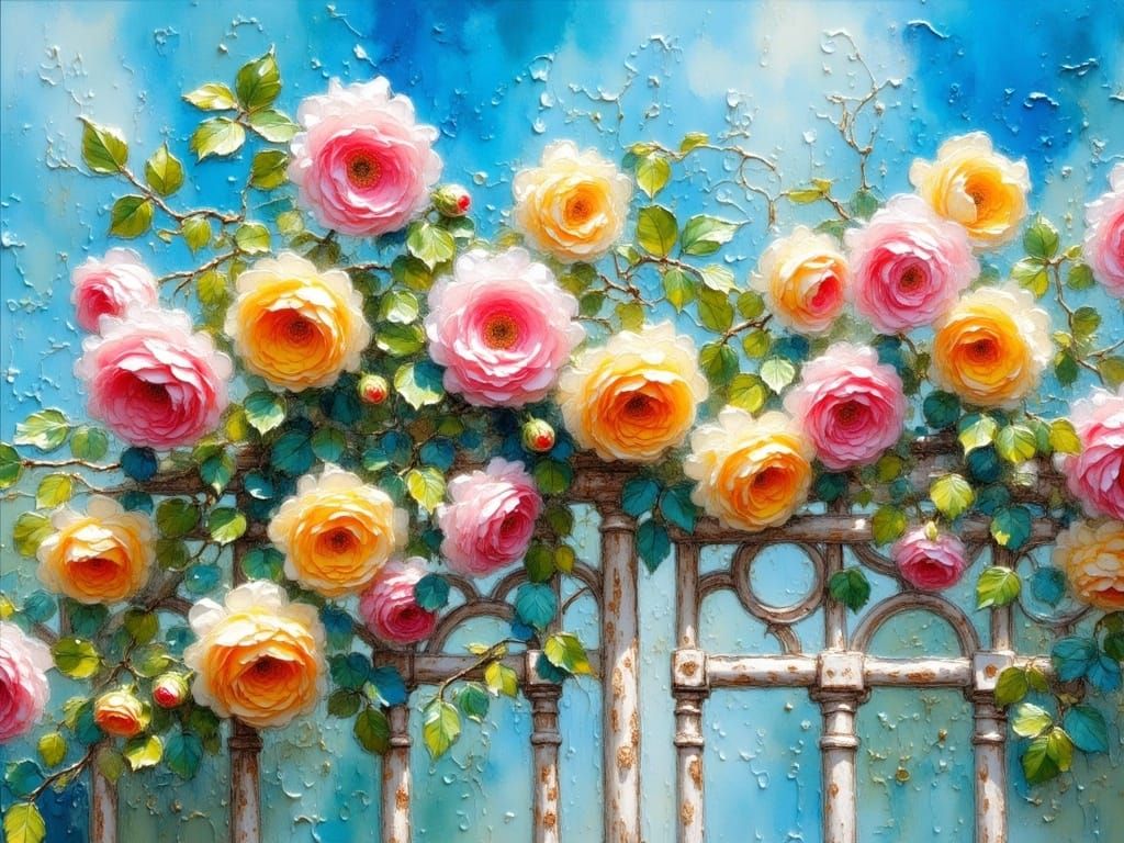 Pink Yellow Roses on Trellis as Impasto Oil Painting
