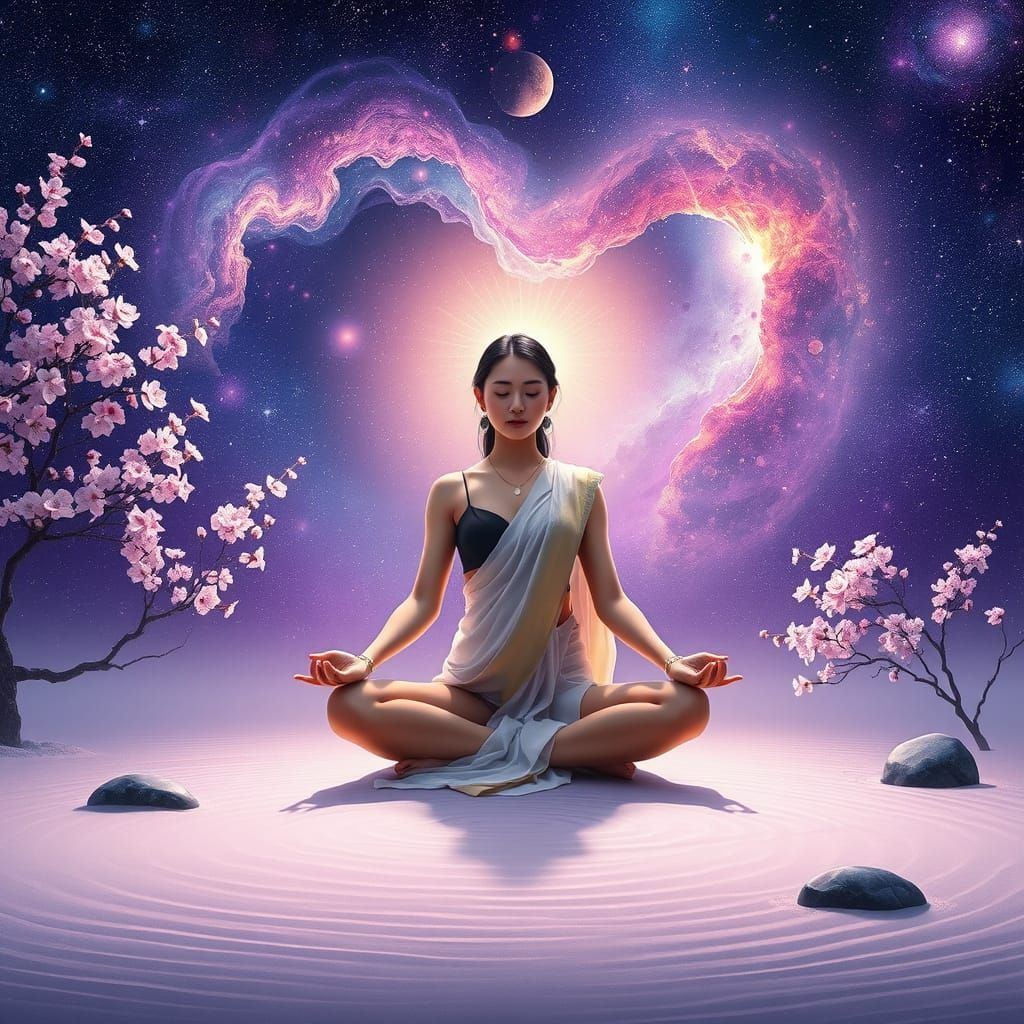 Goddess Meditating in Zen Garden with Celestial Colors