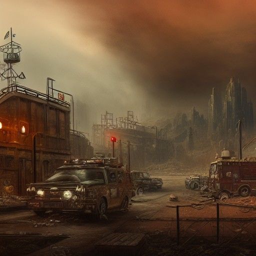 Post-Apocalyptic Fire Department in Detailed Matte Painting