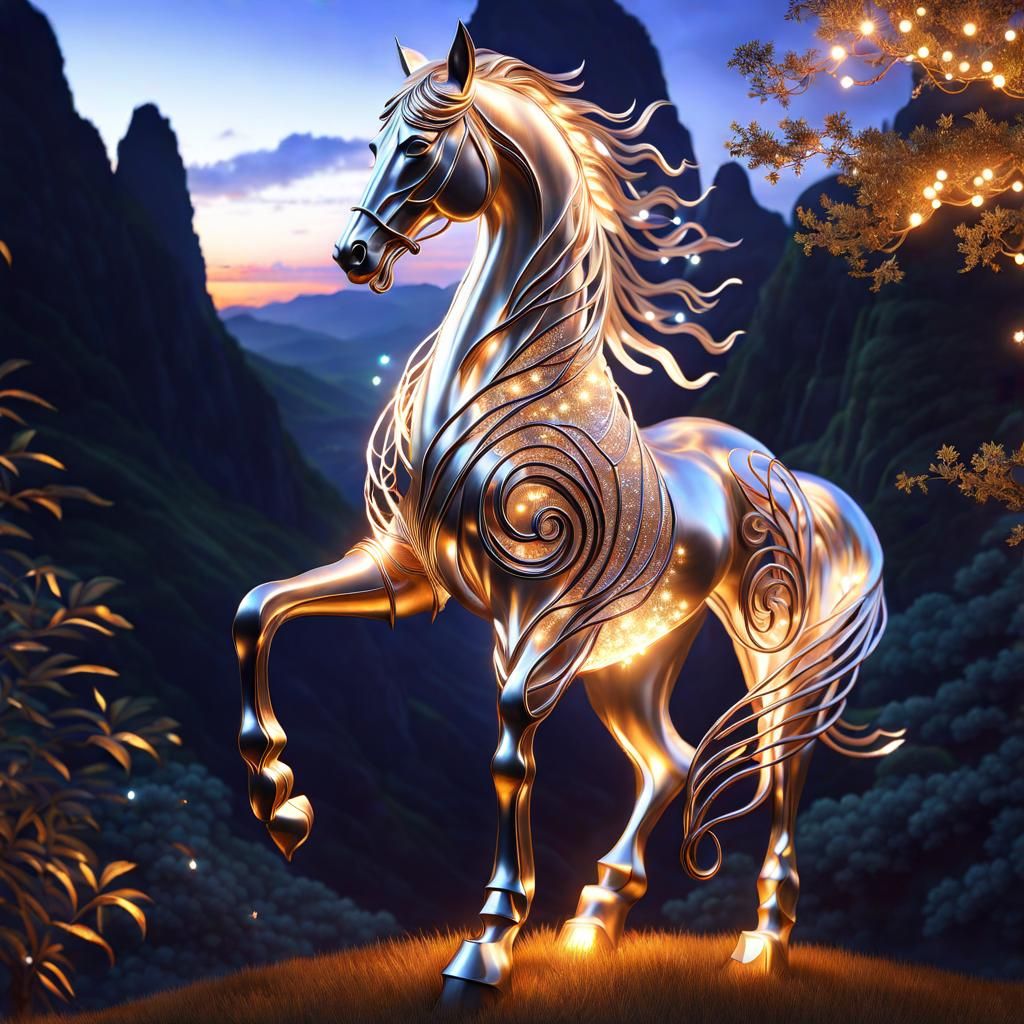 Metal Horse Sculpture with Fairy Lights at Sunset