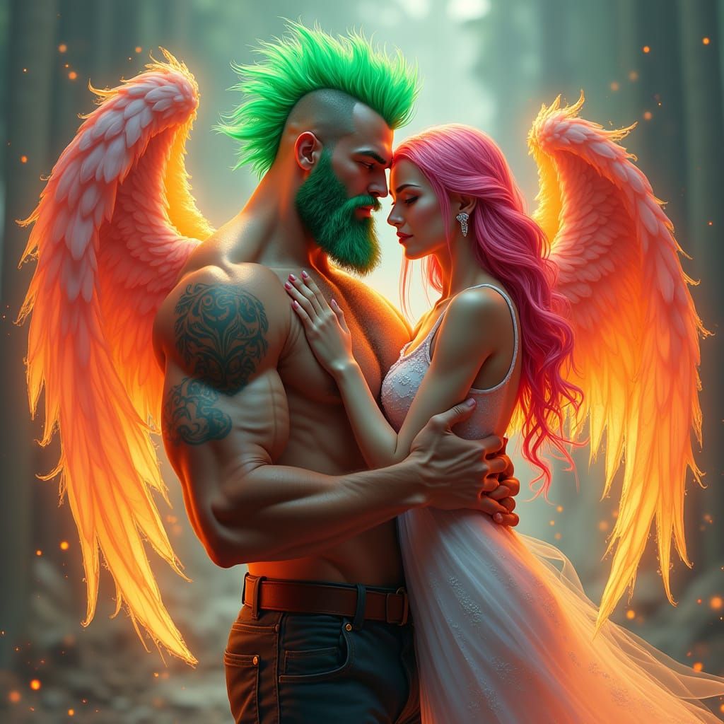 Hyperrealistic Portrait of Angel Man with Fire Angel Wings a...