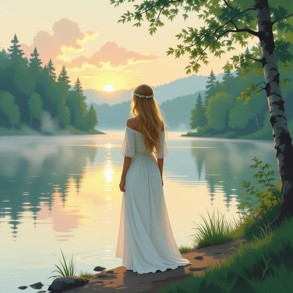 Ethereal Woman on Misty Lake, Impressionist Style